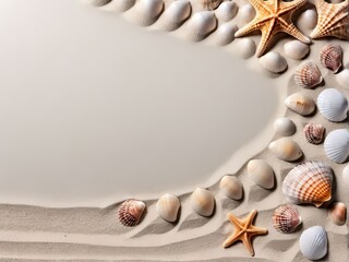 Obraz premium Frame of sea shells on sand with free space for text in the center.