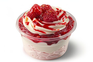 Creamy strawberry yogurt with fresh strawberries and berry sauce in a clear glass container