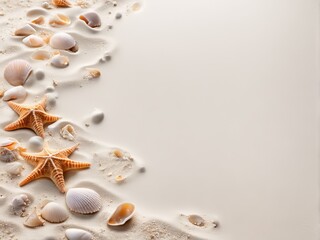 Obraz premium Frame of sea shells on sand with free space for text in the center.