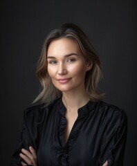Beautiful middle-aged blonde woman on a gray background wears black clothes.