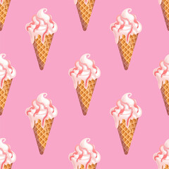 Creamy vanilla ice cream in a waffle cone with berry or fruit topping. Seamless pattern. Summer cold dessert. Delicious sweets, realistic food illustration. For menu, cafe, wallpaper, background
