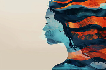 Illustrate the ripple effects of gender discrimination on mental health Double exposure painting of womans face with waves in her hair