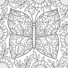 Coloring book butterfly with flowers, patterns, ornament, antistress, coloring page, coloring book for children and adults. Garden 