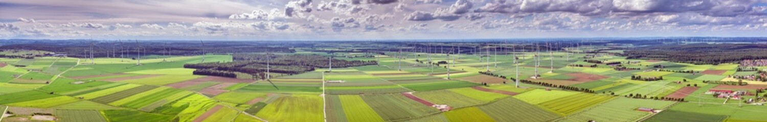 Drone panorama over a huge wind farm in Germany with several hundred turbines
