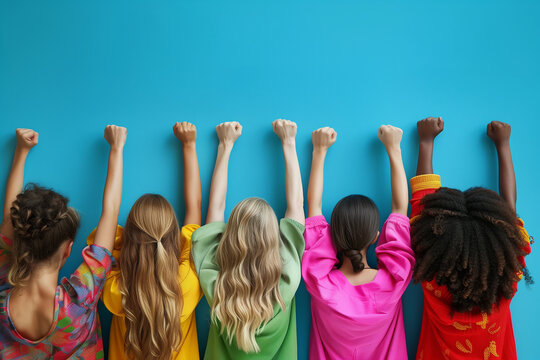 Showcase the role of stereotypes in perpetuating gender discrimination A droup of women stands in front of a crowd with her arms raised
