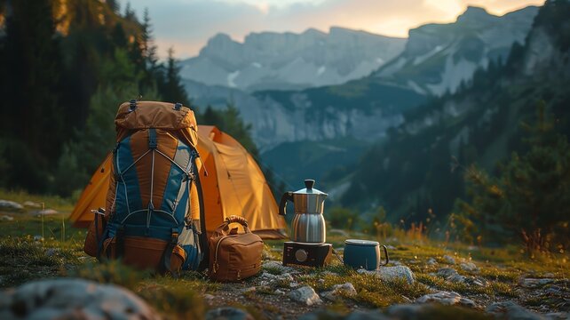 Backpacks and tents in serene mountain camping spot