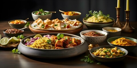 Indian food buffet spread on white table with various traditional dishes. Concept Indian Cuisine, Buffet Setup, Traditional Dishes, Food Spread, White Table