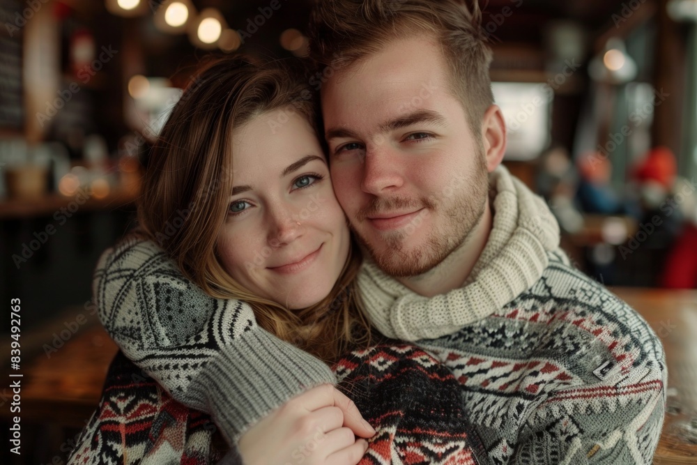 Wall mural Portrait of a blissful caucasian couple in their 30s wearing a cozy sweater isolated on bustling city cafe