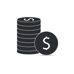 black and white dollar symbol, stack of coins