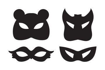 Carnival mask for bandit or superhero vector icon set. Black masquerade costume eye mask silhouette hidden villain or burgar person face. Simple design incognito masque shape clip art illustration.