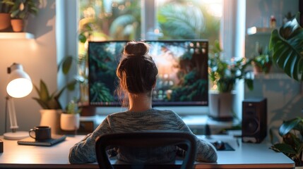 Person sitting at a clean and organized desk, their eyes fixed on the monitor as they work