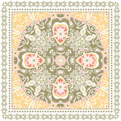 ПечатьDecorative doodle ornament, symmetric pattern with lace frame. Tribal ethnic mandala decor. Bandana shawl, hijab, tablecloth fabric print, silk neck scarf, kerchief design. Colorful vector backg