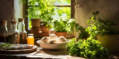 Sunlit kitchen window with aromatic herbs evoking fresh ingredient cooking ambiance. Concept Kitchen Vibe, Aromatic Herbs, Fresh Ingredients, Sunlit Window