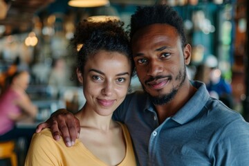 Fototapeta premium Portrait of a tender multiethnic couple in their 30s wearing a sporty polo shirt in bustling city cafe