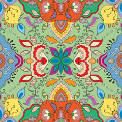 Hand drawn seamless graphic pattern, colorful artistic background with floral and geometric elements. Doodle ethnic mandala ornament for textile fabric, paper print. Surface texture 