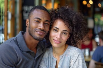 Obraz premium Portrait of a tender multiethnic couple in their 30s wearing a sporty polo shirt while standing against bustling city cafe