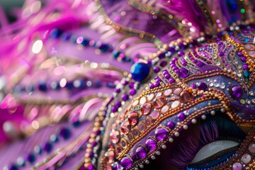 Obraz premium A stunning close-up of a meticulously crafted samba dancer costume adorned with shimmering beads and sparkling glitter, designed for the vibrant celebration of Carnaval in Brazil.
