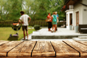 Wooden desk of free space and grill time 