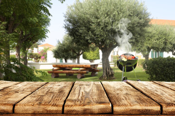 Wooden desk of free space and grill time 