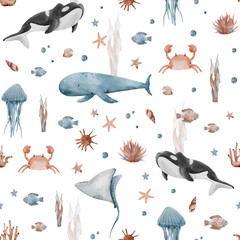 Sea animals seamless patterns, watercolor whales, corals, sea shells
