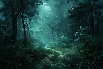 Obraz premium fantasy background,Dark forest with a path, fantasy landscape depicting a dark mood, 