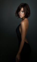Naklejka premium A brunette woman with a bob hairstyle wears a black dress on a black background. Fashion and beauty.