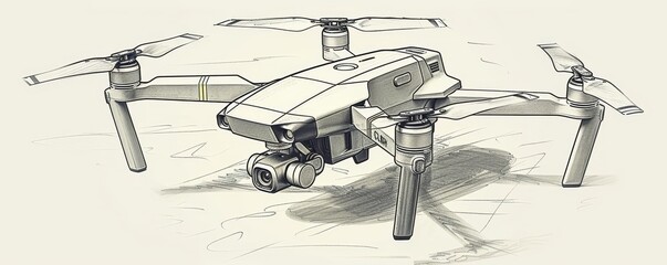 simple drawing of a drone, focusing on its propellers and camera.