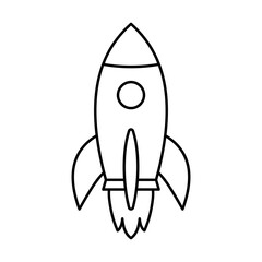 Flying rocket icon. Space travel. Project start up sign. Creative idea symbol. Rocket ship with fire.
