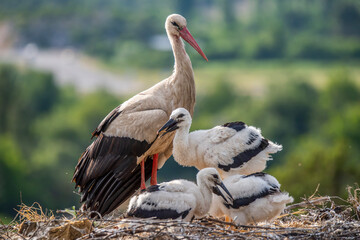Natural life images of storks returning to the same nest every year with their babies.