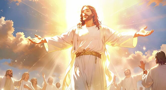 Animation of Jesus rising up to heaven in bright shining light, camera zoom, white robe, gold particles, followers bathed in healing heavenly peace,  Jesus Christ  as a symbol of Christianity