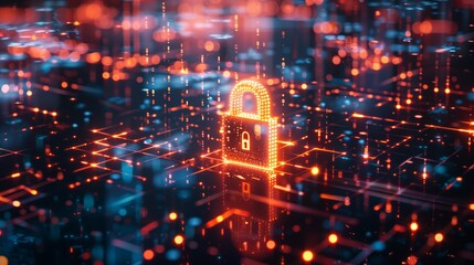 Obraz premium A digital padlock surrounded by glowing lights, symbolizing data security and cyber protection in the modern world.