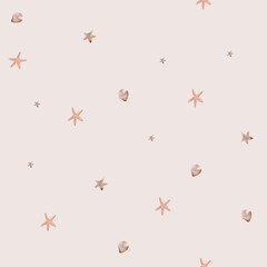 Sea animals seamless patterns, watercolor whales, corals, sea shells