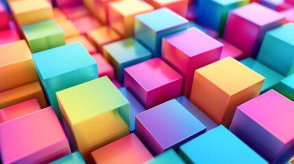 Abstract 3D grid with colorful cubes, organized in a seemingly chaotic arrangement, showcasing the beauty of organized complexity and vibrant color contrasts