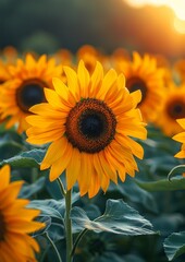 Naklejka premium Vibrant sunflowers in a field, representing summer and happiness.