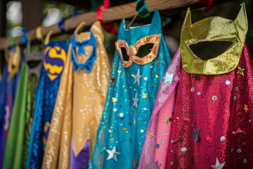 A display of DIY superhero capes and masks, each uniquely decorated with glitter, sequins, and stars, awaiting the eager participants of the back-to-school crazy costume contest. 