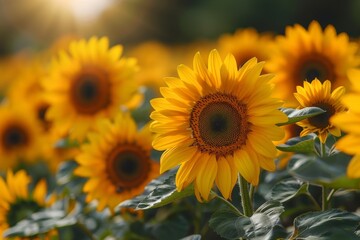 Obraz premium Vibrant sunflowers in a field, representing summer and happiness.
