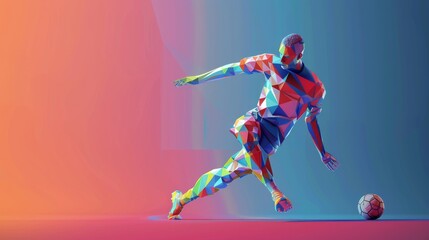 Abstract polygonal soccer player kicking a ball, for sports or web design