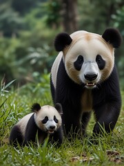 Fototapeta premium Adorable family of endangered pandas in their natural habitat