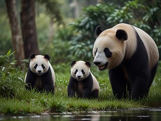Obraz premium Adorable family of endangered pandas in their natural habitat