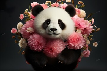 Adorable Baby Panda Surrounded by a Wreath of Pink Roses Against a Dark Background 