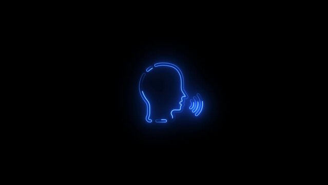 Neon lighting human person Speak voice icon animation. Talk speech wave command sound control face sound icon