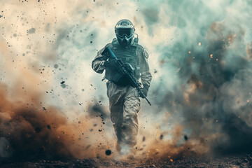 Soldier in tactical gear with weapon running through explosion and smoke