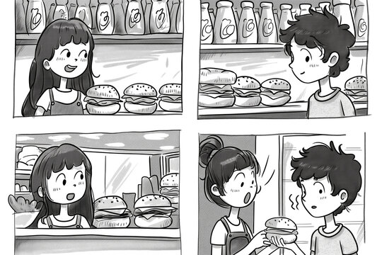 Kids buying burgers in playful comic strip panels, monochrome illustration