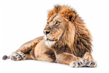 Fototapeta premium Lion lies isolated on white background. King of beasts. Predator.