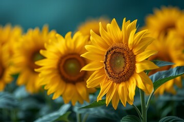 Fototapeta premium Vibrant sunflowers in a field, representing summer and happiness.