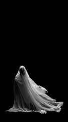Naklejka premium White ghost on black background, copy space, aspect ratio 9:16