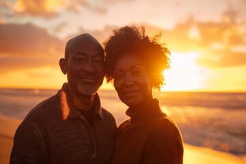 Fototapeta premium Portrait of a blissful afro-american couple in their 40s showing off a thermal merino wool top isolated on beautiful beach sunset
