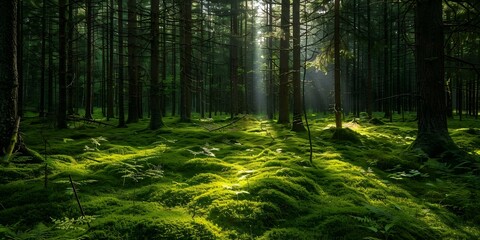 Obraz premium Lush Scandinavian forest with abundant trees green moss and sunlight filtering through. Concept Nature Photography, Scandinavian Forest, Sunlight Through Trees, Green Moss, Lush Foliage