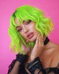 Naklejka premium Transgender woman bright green hair, posing confidently against soft pink studio background