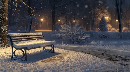 A desolate park at night with a bench covered in snow, surrounded by the calm and cold beauty of a snowy night.